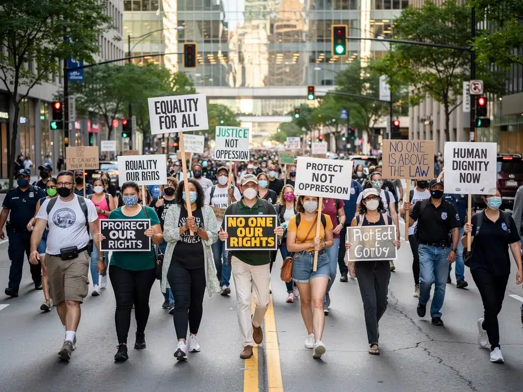 Diverse group protesting for social justice in city street