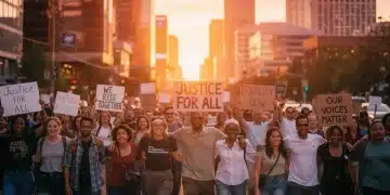 Diverse activists marching for social justice, holding signs, symbolizing sustained movement.